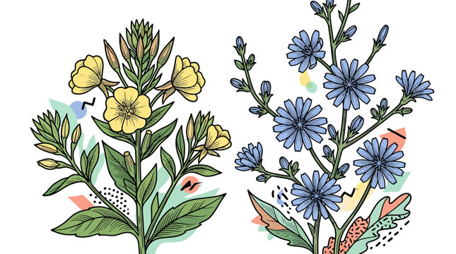 Botanical Illustration of Evening Primrose and Chicory Flowers with Memphis Design Accents
