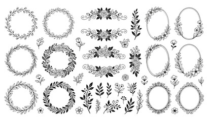 Fototapeta premium Delicate Floral Logo Frames Vector Collection with Botanical Borders, Wreaths and Hand Drawn Flowers