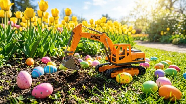 Spring-themed Toy Excavator Model with Easter Decoration for Construction Company Postcard, Selective spring themed