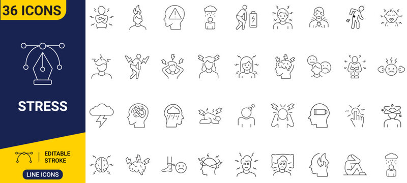 Stress icon set. Outline icons featuring anxiety, burnout, pressure, mental health, fatigue, emotional wellbeing, and work stress. Editable stroke. Full vector.
