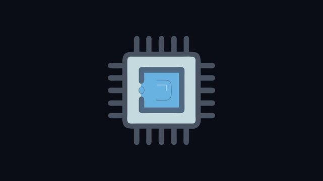 Stylized flat icon of computer chip on black backdrop