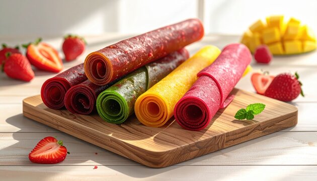 Assorted Fruit Leather Rolls Stacked on a Wooden Board