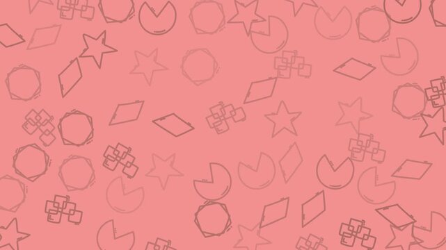 Abstract pink pattern with geometric shapes like stars, circles, squares, and diamond outlines. Suitable for backgrounds, prints, textiles, and designs.