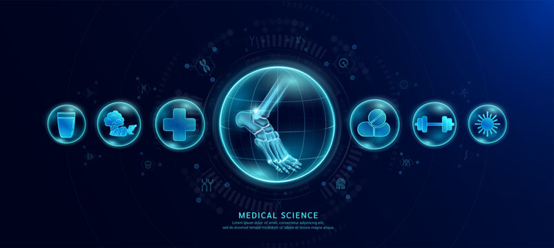 Ankle bone joint hologram in transparent spherical dome along with the icons of a vitamins calcium plus sign and vegetables milk. Science medical banner dark blue. Vector EPS10.