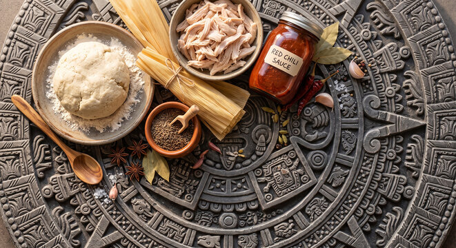 Tamale ingredients on ancient Mayan calendar stone wall, 