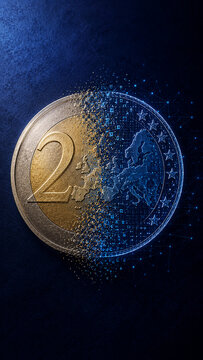2 Euro Coin Transforming into Digital Pixels Europe Map Central Bank Digital Currency