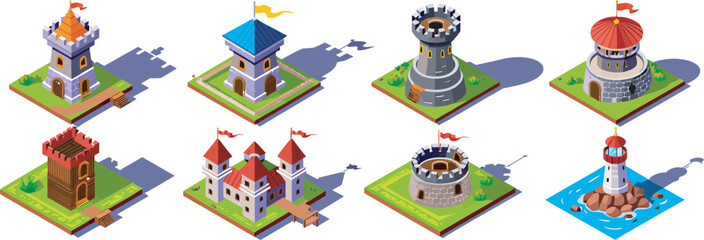  Medieval towers and lighthouse vector illustrations isolated on white background, featuring castle architecture, watchtowers and historic landmark design elements. © dalim 