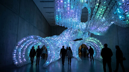 People walk through a large, illuminated, futuristic sculpture in an indoor setting with technology and art.