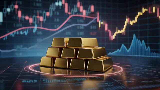 Explore the dynamic world of finance with shining gold bars and fluctuating stock market charts
