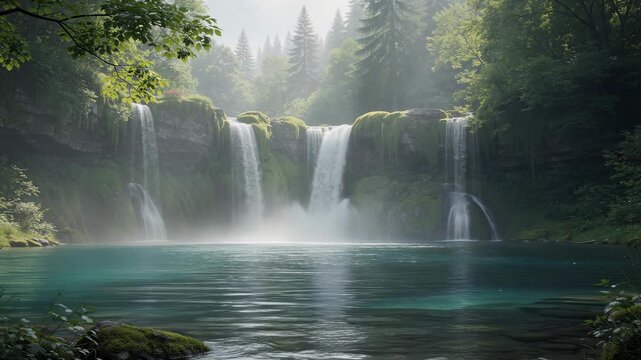 Discover the serene beauty of a hidden waterfall with sunlight filtering through lush green forest