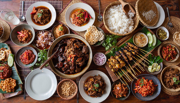 Overhead shot of complete rendang meal with side dishes. suitable for food blogs, restaurant menus, and social media posts.