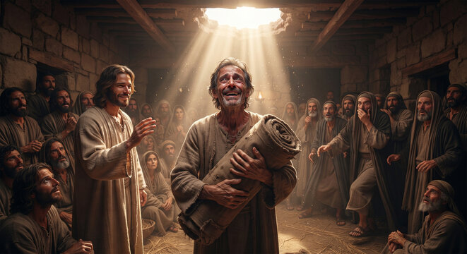 Bible, A powerful, wide-angle photograph showing the paralyzed man standing up for the first time. He is holding his worn sleeping mat, his face transformed from pain and helplessness to radiant,