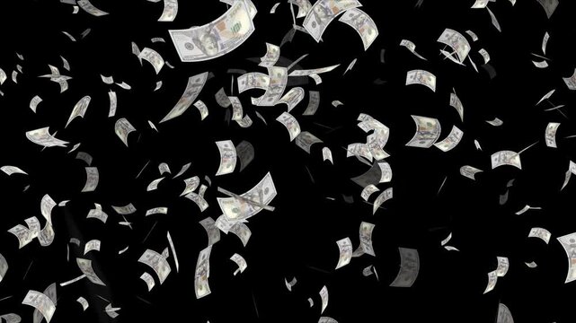 Money rain loop One hundred dollar, Dollars bills falling down animation. Money explosion currency dollar bills falling. Dollar notes flying free motion. Close up money falling from the dark sky.