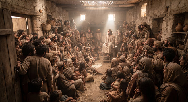 Bible, A cinematic, wide-angle photograph of a small, packed house in Capernaum. The room is so overflowing with people listening to Jesus that the doorway is completely blocked. The atmosphere is war