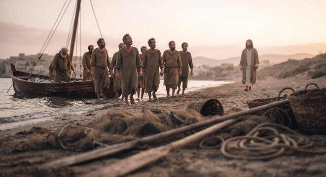 Bible, &nbsp;A poignant, low-key photograph showing the disciples stepping out of their boat onto the sandy shore. In the foreground, their abandoned nets, oars, and fishing gear 