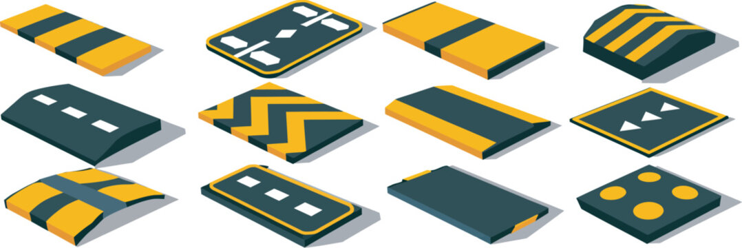  Speed bumps and traffic calming devices, vector illustration set for road safety, street infrastructure, urban planning and transportation design projects.