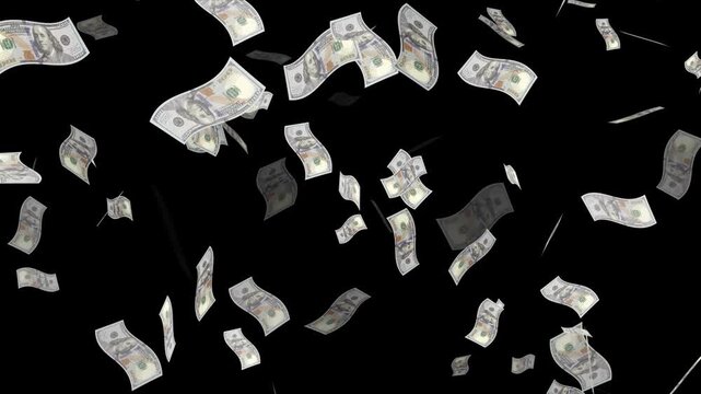 Super slow motion of flying US dollars banknotes on black background. flying dollar bills.Realistic 3D rendered Falling Dollar Bank Note Animation Loop.  Close up money falling from the dark sky. 