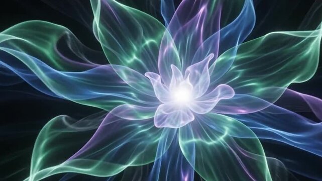 Abstract bioluminescent energy bloom unfolding as a fluid neon flower with glowing cobalt blue tendrils in a dark cinematic motion background