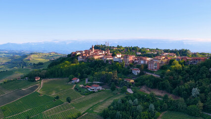 Fototapeta premium Aerial View of Hilltop Village and Vineyards in Piedmont Italy