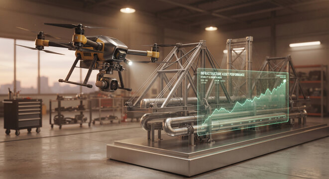 A heavy-duty industrial inspection drone hovering close to a complex, metallic 3D model of a bridge or pipeline (representing infrastructure assets). 