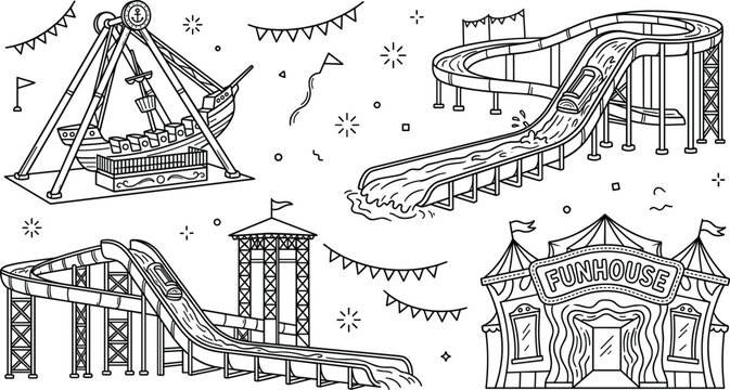 Amusement Park Theme Ride Vector Line Art Set with Water Log Flume, Pirate Ship Swing, Funhouse, and Carnival Festival Decorations