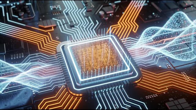 Glowing microchip on circuit board technology.