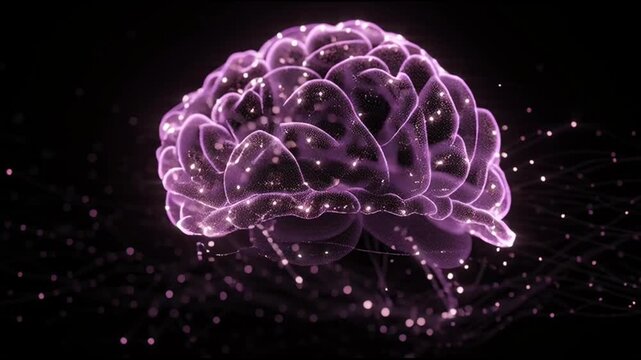 Glowing purple brain with neural network.