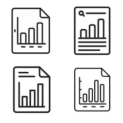 Obraz premium Set of four minimalist report and analytics document icons with bar charts, search interface, and financial data symbols in black outline vector style.