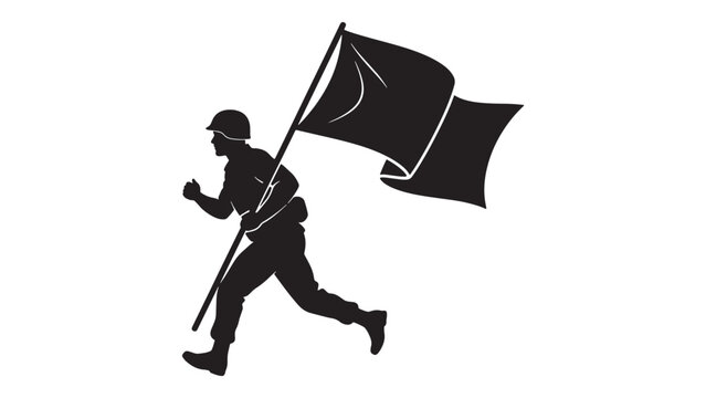 Silhouette of a soldier carrying a flag in marching pose