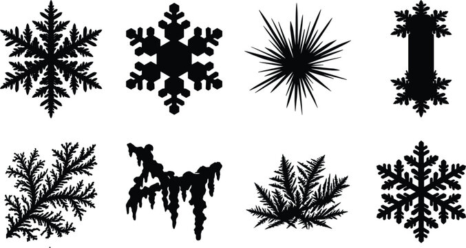 Set of winter snowflake silhouettes frost crystals and icicle icons isolated on white background for Christmas design