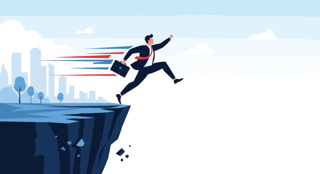 Determined businessman carrying a briefcase leaps boldly across a deep mountain cliff gap toward an urban city skyline in the distance.
