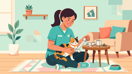 Fototapeta premium Veterinarian cares for cat, examining paw with medical supplies nearby