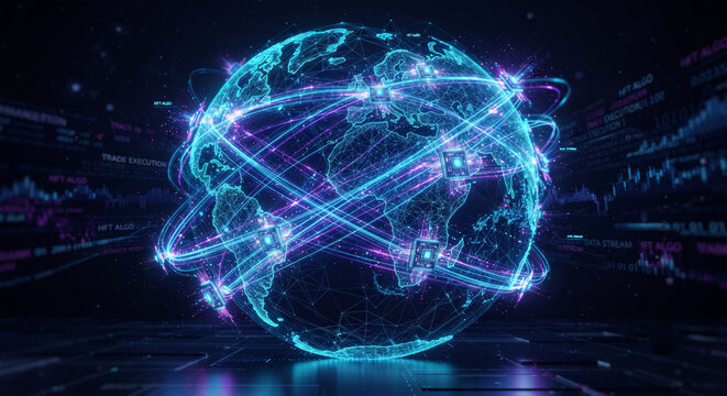A fast-paced 3D render showing trails of light (representing algorithmic trades) moving at incredible speed across a abstract, wireframe global map