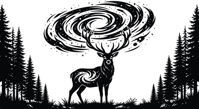 A mystical deer with swirling antlers stands in a forest, surrounded by trees and stars, in a striking black and white vector illustration design.