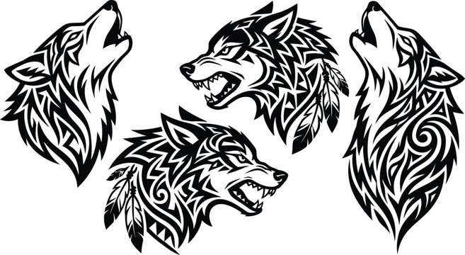 Four tribal wolf heads with feathers and sharp teeth in a black and white vector illustration design, showcasing fierce animal graphics and tribal art style.