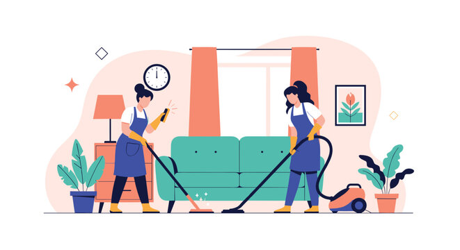 Professional cleaning team of two women in aprons vacuuming and dusting a modern living room to ensure a tidy and hygienic home.