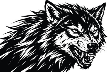 Fierce wolf with sharp teeth and intense gaze in a striking black and white vector illustration design, showcasing its powerful jaws and fur texture in a bold graphic. © Yasir