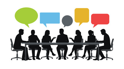 Fototapeta premium Professional business team members sitting at a conference table with colorful speech bubbles above them