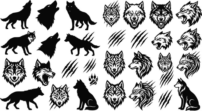 A collection of black and white vector wolf illustrations showcasing various poses, facial expressions, and designs on a white background.