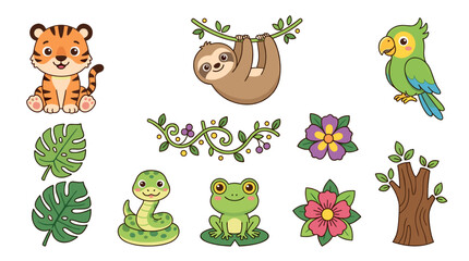 Fototapeta premium Collection of cute vector art jungle animals and plants, including a tiger, sloth, parrot, snake, and frog, with floral elements and a tree, ideal for