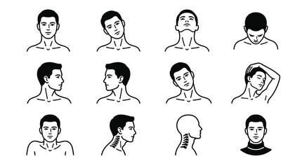 Fototapeta premium Set of simple line art icons showing human head and neck movement, static poses for exercise and physiotherapy, isolated vector illustrations