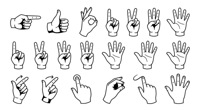 Collection of hand gestures and signs in outline, pointing, okay symbol, fingers counting, touch screen interaction, and clicking actions, ideal for