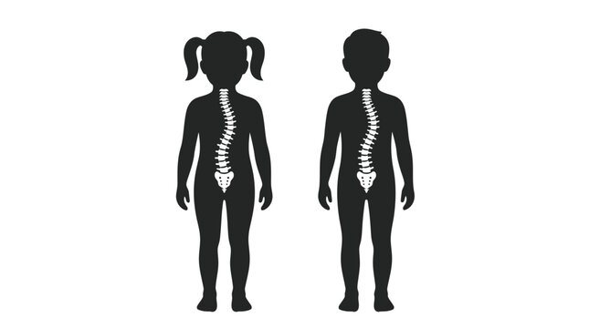 Black silhouettes of a young boy and girl showing medical spinal scoliosis on white background