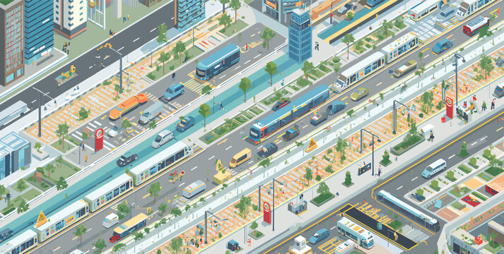 Isometric illustration of a modern city with complex transportation networks, including roads, trains, and bus rapid transit lanes.