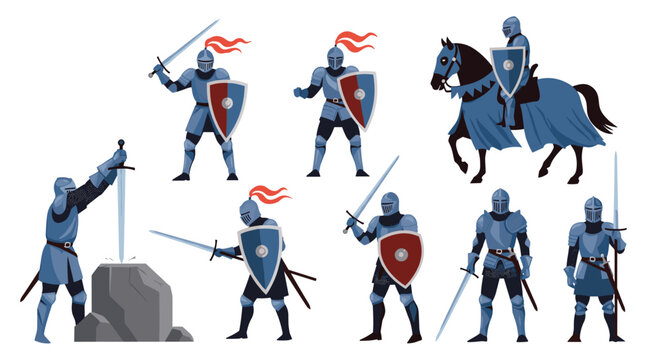 Diverse set of medieval knights in silver armor with swords shields and horses preparing for battle or tournament.