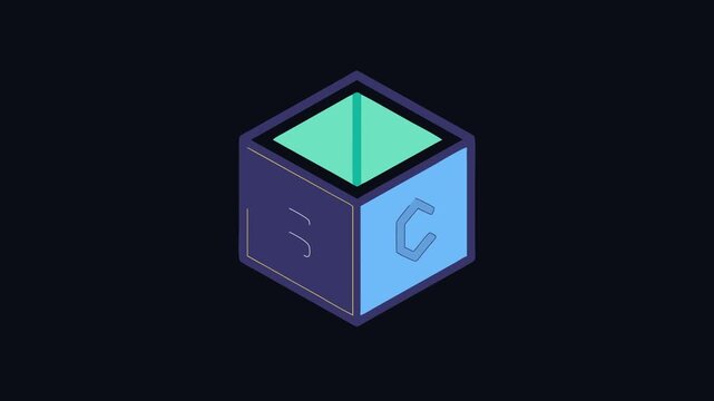 Colorful ABC toy block, flat design on dark backdrop