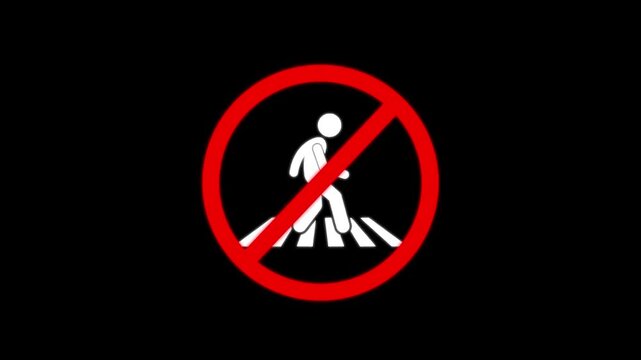 Don't allow or banded road crossing symbol icon animation on black background, 4k video