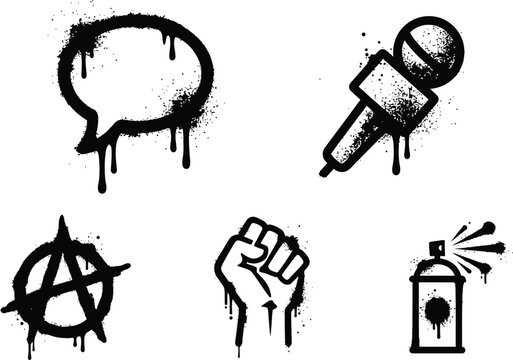 Graffiti spray paint vector icon set, black monochrome urban street art speech bubble microphone anarchy symbol protest fist and spray can illustration bundle