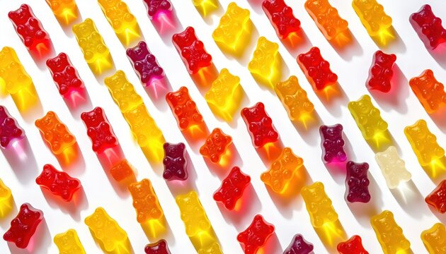 Assorted Gummy Bears Scattered and Glistening Under Studio Lights
