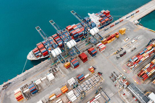 Aerial view of a container ship docked at the port terminal, Salvador, Bahia, Brazil